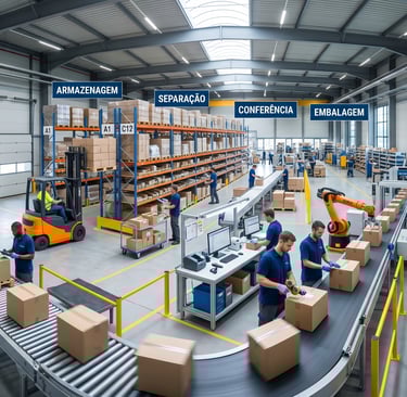 "Fluxo logístico completo: do recebimento à expedição em armazém moderno."