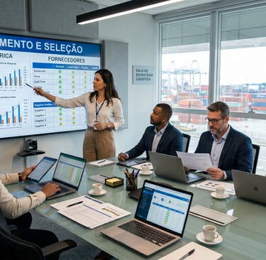 "Equipe de logística em reunião estratégica analisando dados de planejamento de demanda e seleção de
