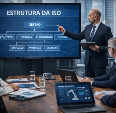 Estrutura da ISO 9001:2026 com foco em contexto, liderança, planejamento, operação, avaliação e melh
