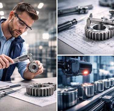 engenheiro realizando inspeção de qualidade de produto em peça industrial