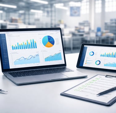 Mesa de gestão da qualidade com notebook, tablet e checklist em ambiente industrial moderno