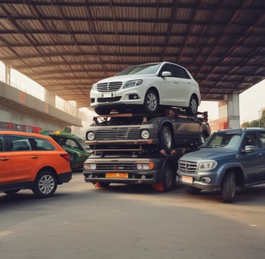 A person is carrying a heavy bag labeled 'RAMCO' over their shoulder. The person is wearing a head covering and a pink cloth around the neck while loading bags into a vehicle.