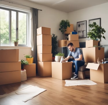 A pickup truck loaded with a variety of household items and furniture, secured with netting. The cargo includes a guitar, plastic bins, a mattress, and children's toys such as a tricycle and a baby walker. The truck is parked on a street adjacent to buildings and a tree, with some traditional lanterns hanging from a storefront.