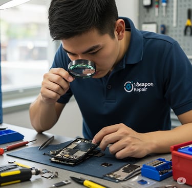 um homem de camisa azul está olhando através de uma lupa