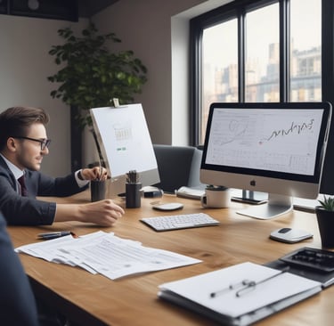 man standing behind flat screen computer monitor