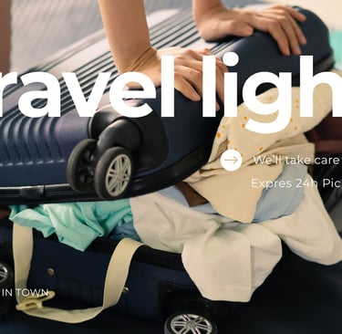 Overpacked suitcase with clothes spilling out, promoting 24h laundry delivery