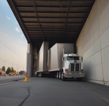 A large flatbed truck is loaded with heavy steel beams outside a warehouse. Three individuals are working around the truck, with one on top of the truck securing the load with chains. The warehouse is labeled with a company name and has an open entrance showing more beams inside. The sky is partly cloudy, casting a dramatic light over the scene.