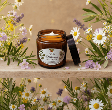 Natural herbal skin cream in an amber glass jar surrounded by fresh chamomile and lavender flowers.