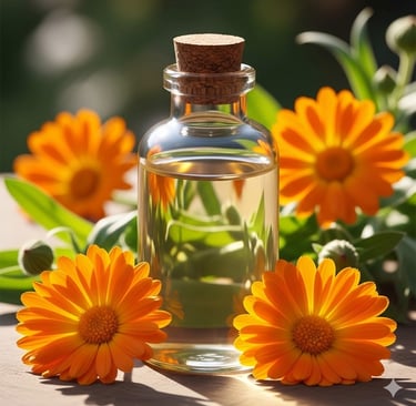 A glass bottle with herbal calendula hydrolate surrounded by orange flowers in bloom.