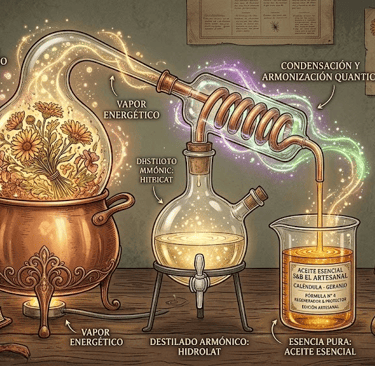 Alambique de cobre tradicional destilando hidrolatos puro por vapor en el taller de S&B El Artesanal