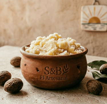 S&B El Artesanal en bol de barro con Manteca de Karité en la mesa con nueces.