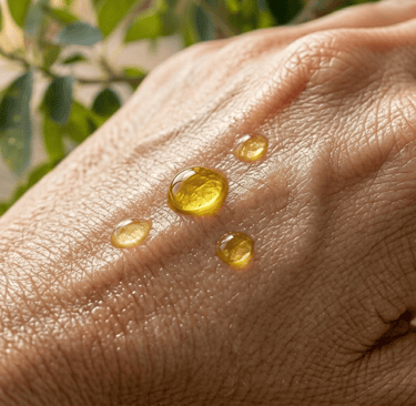 S&B El Artesanal mano con gotas de aceite de aguacate con fondo de hojas