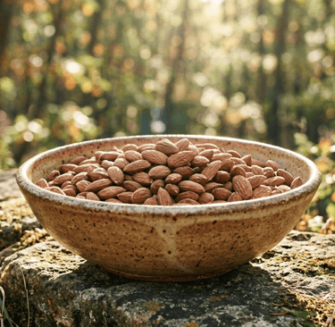 Almendras en tazón rústico con en una piedra