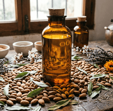 Botella color ambár con semillas de almendra en la mesa de madera con hierbas