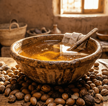 S&B El Artesanal Aceite de Argán Marroquí en mesa de madera en taller con frutos