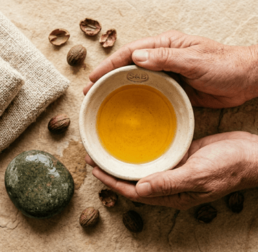 S&B El Artesanal dos manos agarrando una tazón con aceite de jojoba con nueces de jojoba a lado