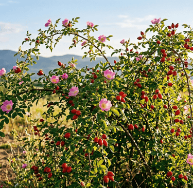 Arbusto de Rosa Mosqueta en el campo con flores y frutos