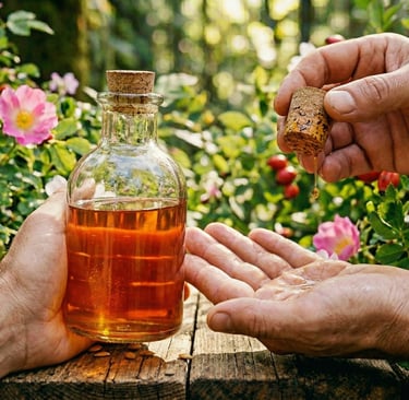 una mano ofreciendo el aceite de Rosa Mosqueta y otras dos manos están aplicando el aceite sobre su mano