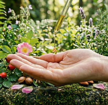 Primer plano de una gota dorada de aceite botánico puro cayendo de gotero de vidrio hacia la palma