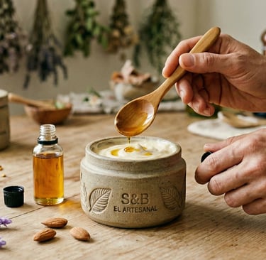 incorporando aceite de almendra a la crema de hidratación  en una mesa de madera