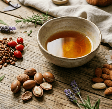 Aceite en un tazón con cemillas semillas y hojas verdes en la mesa de madera