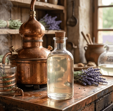 Copper alembic distiller extracting organic lavender essential oil into glass bottles in a rustic workshop.