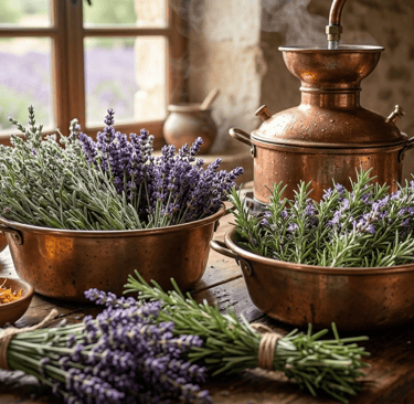 Selección artesanal de lavanda y romero frescos en recipientes de cobre listos para la destilación 