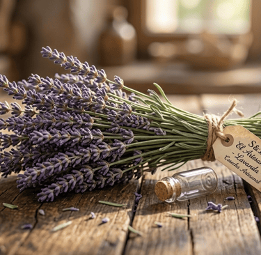 A fresh bundle of dried lavender flowers tied with twine on a rustic wooden table.