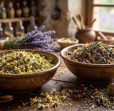 Wooden bowls of dried chamomile and lavender herbs in an apothecary setting with a copper still.