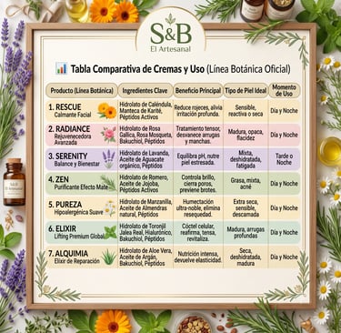 Tabla comparativa de cremas faciales de la Línea Botánica de S&B El Artesanal según tipo de piel e ingredientes.