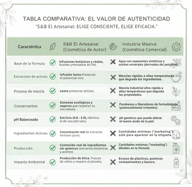 Tabla comparativa de ingredientes de cremas artesanales S&B El Artesanal vs cosmética industrial