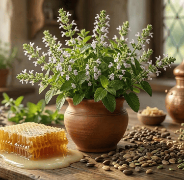 Ingredientes S&B: Toronjil Blanco, cera de abeja y semillas de Cassia (Ácido Hialurónico Vegetal) en mesa rústica.