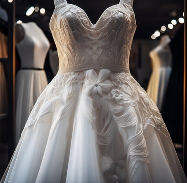 a wedding dress with a white dress on display