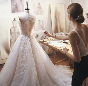 a woman in a wedding dress is standing in front of a mannequine