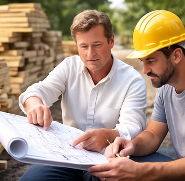 Builder reviewing construction plans with a superintendent on a jobsite.