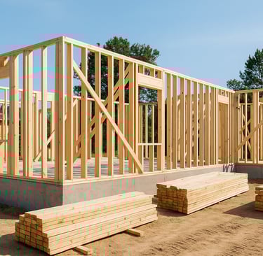 Framed house under construction with exposed lumber.