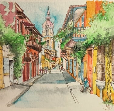 croquis d'une rue de Carthagène des Indes