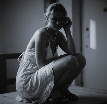 a woman in a dress sitting on a table