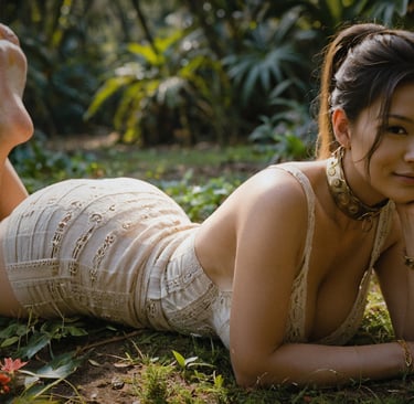 a woman lying on the ground in a dress