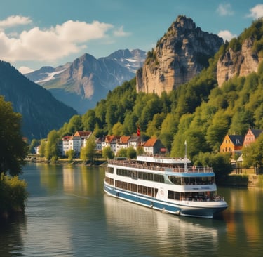 A large cruise ship with a prominent red section on the upper deck and black exhaust funnels. The ship has multiple decks and features the brand name 'Virgin' prominently on the red section. The sky is partly cloudy with patches of blue visible.