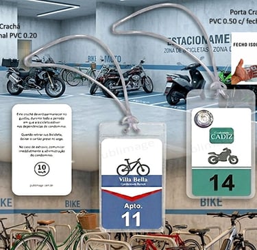 Crachás numerados e personalizados para identificar bicicletas e motos