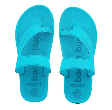 a pair of blue sandals with a blue and white background