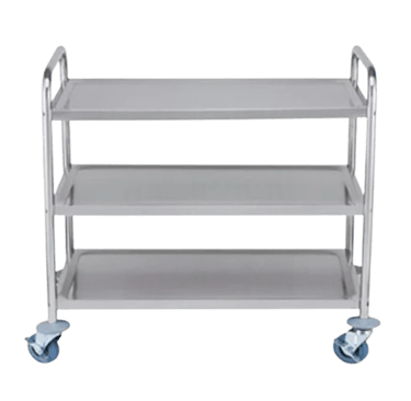 Durable heavy duty stainless steel utility cart with three tiers and locking castor wheels for easy transport.
