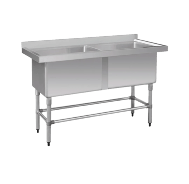 Industrial double bowl pot sink made from heavy duty stainless steel with extra-deep basins and a rear splashback.