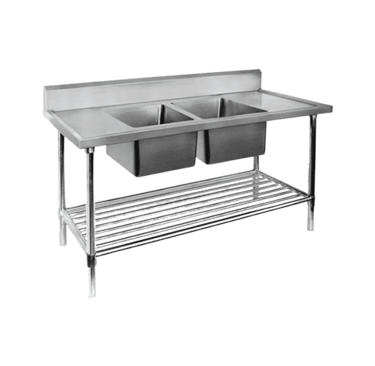 Commercial-grade double bowl sink bench made from heavy duty stainless steel with a splashback and slatted storage shelf.