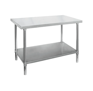 Professional work table made from heavy duty stainless steel with a sturdy under shelf and adjustable legs.
