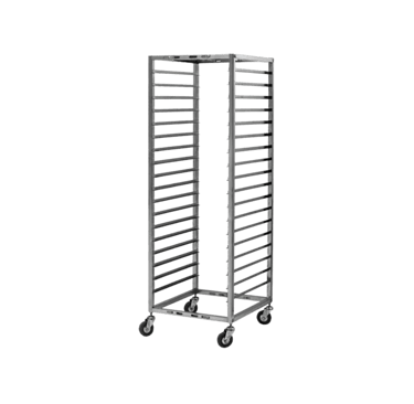Heavy duty stainless steel mobile tray rack with locking wheels for commercial kitchens.