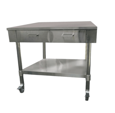 Commercial table made from heavy duty stainless steel featuring two drawers, a solid under shelf, and castors for mobility.