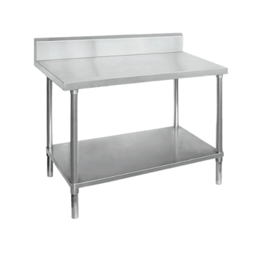 Commercial prep table made from heavy duty stainless steel featuring a rear splashback and solid under shelf.