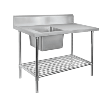 Industrial sink bench made from heavy duty stainless steel with a deep bowl, splashback, and slatted under shelf.